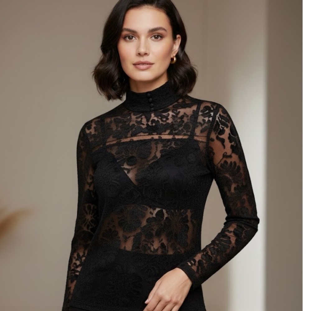Ellen Tracy Elegant Victorian Black Lace Blouse - Picture 6 of 6